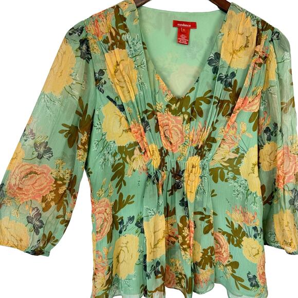 Sundance Sylvan Sage Green Floral Sheer Crepe Texture Silk Babydoll Blouse - Picture 4 of 10